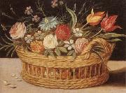 unknow artist Still life of roses,tulips,chyrsanthemums and cornflowers,in a wicker basket,upon a ledge china oil painting artist
